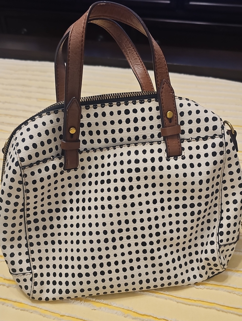 FOSSIL Polka Dot Satchel Handbag with Brown Handles